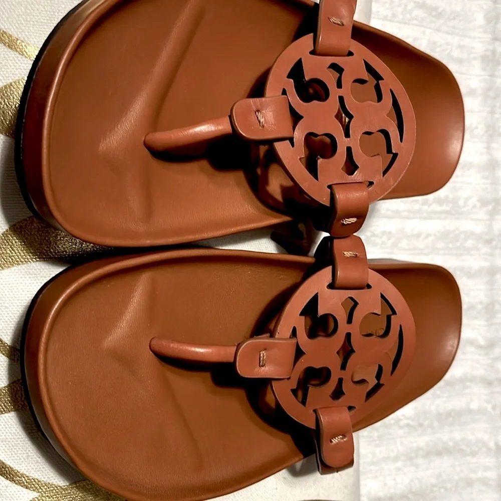 Tory Burch Cognac Leather Logo Toe-Post Sandals